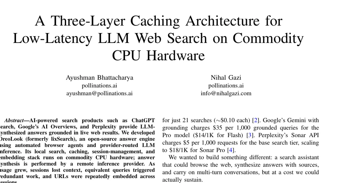 A Three-Layer Caching Architecture for Low-Latency LLM Web Search on Commodity CPU Hardware