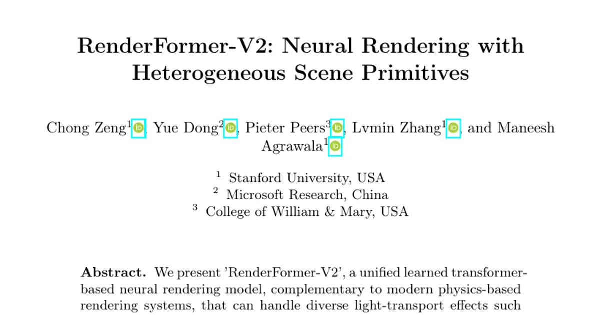 RenderFormer-V2: Neural Rendering with Heterogeneous Scene Primitives