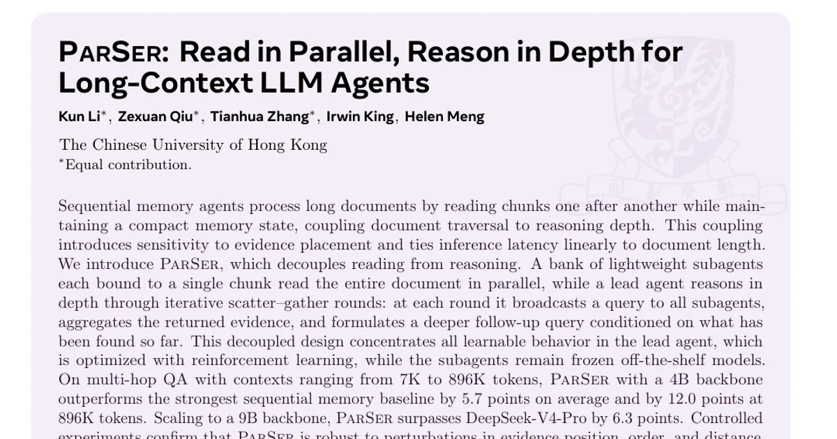 PARSER: leggere in parallelo, ragionare in profondità per agenti LLM con contesti lunghi