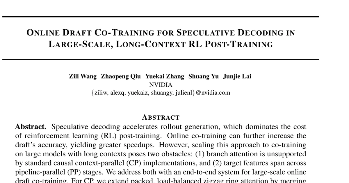 Online Draft Co-Training for Speculative Decoding in Large-Scale, Long-Context RL Post-Training