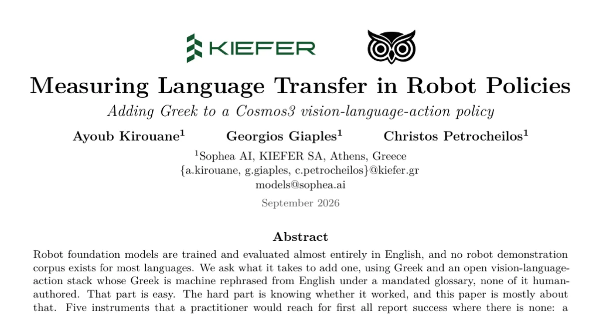 Misurare il trasferimento linguistico nelle policy robotiche: aggiungere il greco a una policy visione-linguaggio-azione Cosmos3