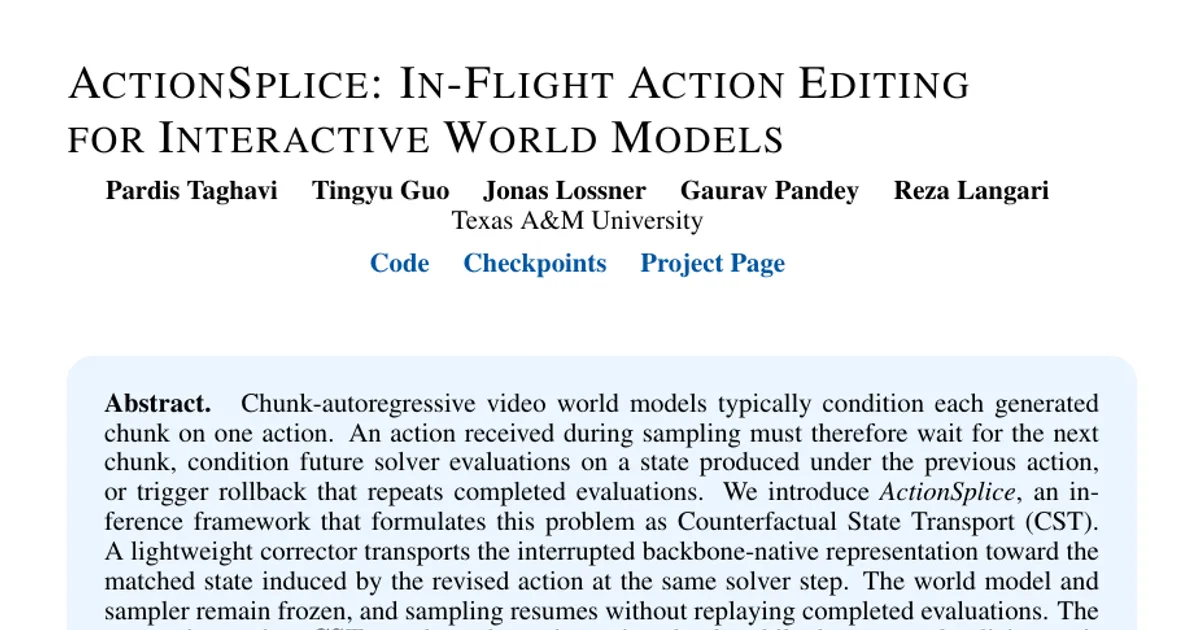 ActionSplice: In-Flight Action Editing for Interactive World Models