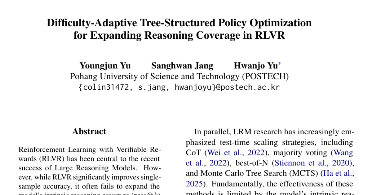 Difficulty-Adaptive Tree-Structured Policy Optimization for Expanding Reasoning Coverage in RLVR