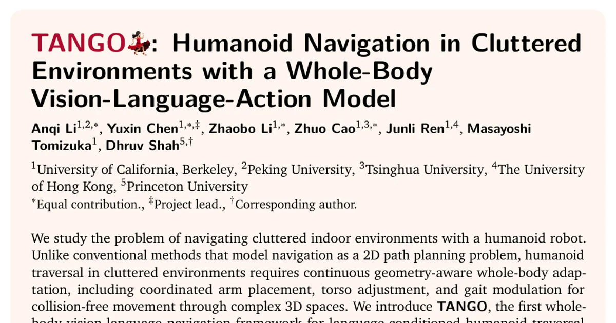 TANGO: navigazione di robot umanoidi in ambienti ingombri con un modello visione-linguaggio-azione per l’intero corpo