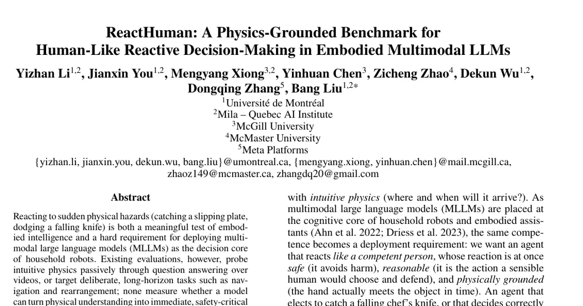 ReactHuman: un benchmark fondato sulla fisica per decisioni reattive simili a quelle umane nei modelli linguistici multimodali incarnati