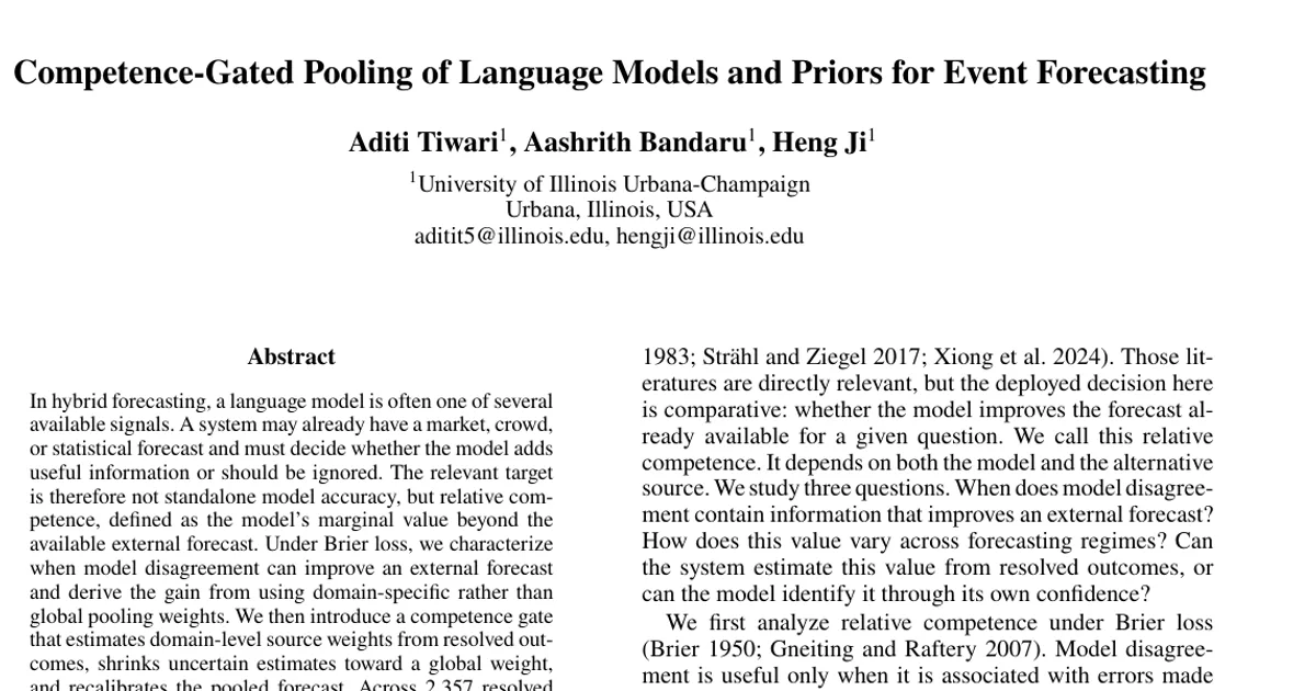 Competence-Gated Pooling of Language Models and Priors for Event Forecasting