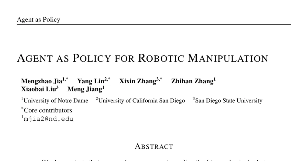 L’agente come politica di controllo per la manipolazione robotica