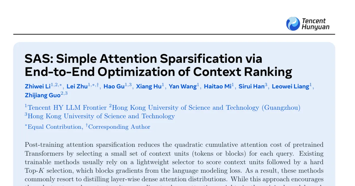 SAS: sparsificazione semplice dell’attenzione mediante ottimizzazione end-to-end dell’ordinamento del contesto