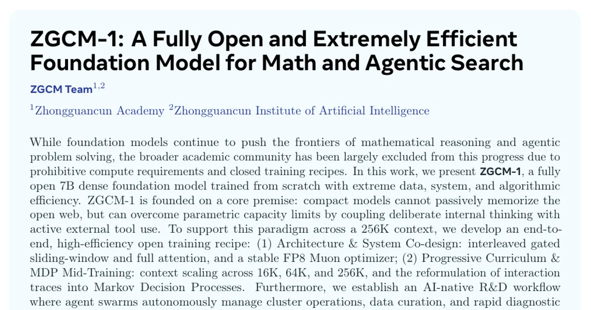 ZGCM-1: A Fully Open and Extremely Efficient Foundation Model for Math and Agentic Search