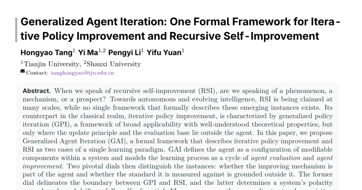 Iterazione generalizzata degli agenti: un unico quadro formale per il miglioramento iterativo delle politiche e l’auto-miglioramento ricorsivo