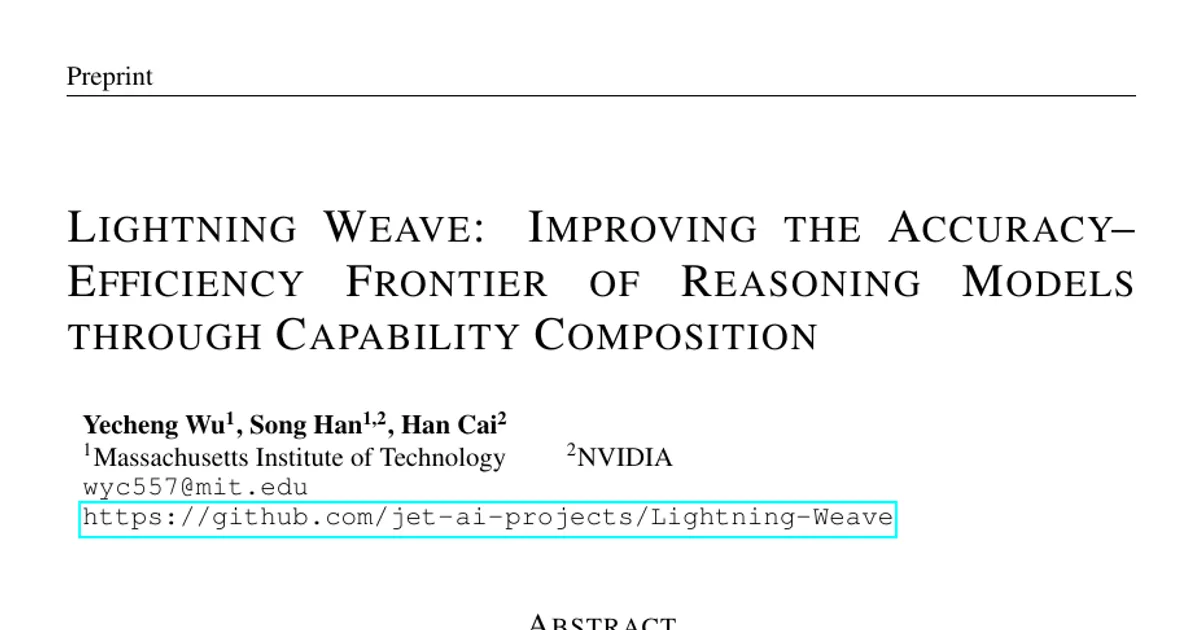 Lightning Weave: migliorare la frontiera tra accuratezza ed efficienza dei modelli di ragionamento attraverso la combinazione di capacità