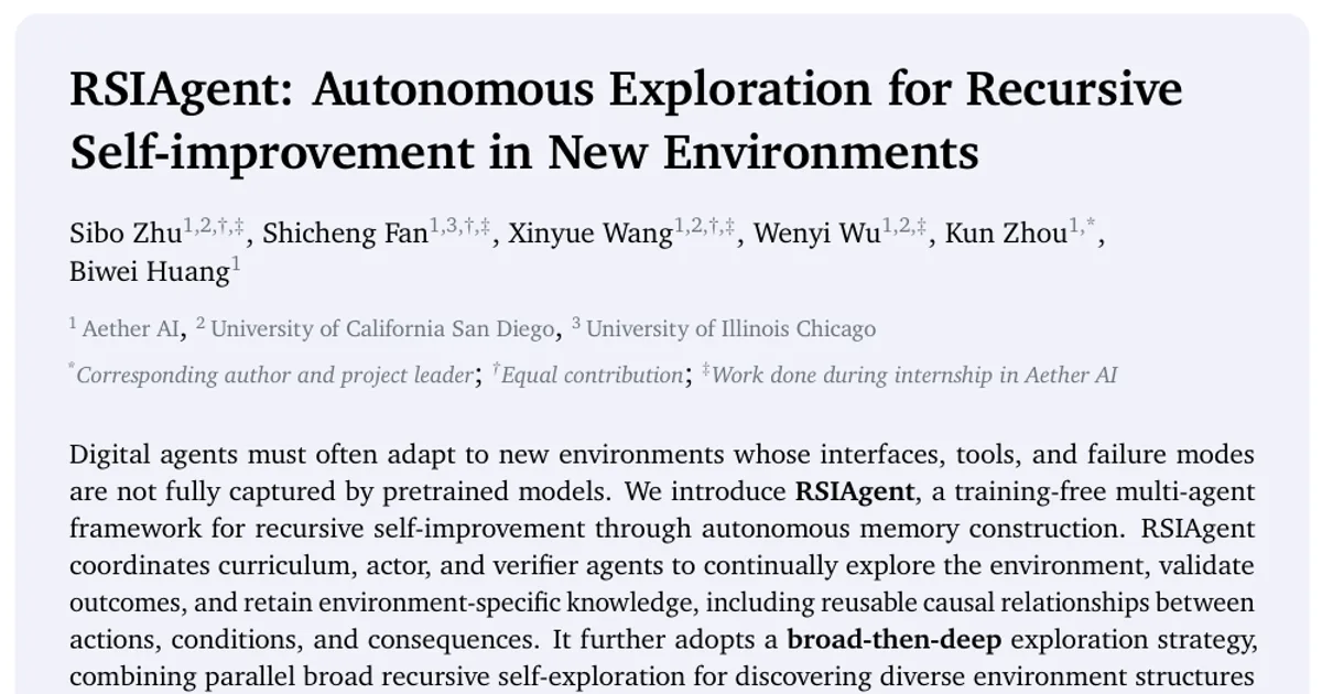 RSIAgent: esplorazione autonoma per l’auto-miglioramento ricorsivo in nuovi ambienti