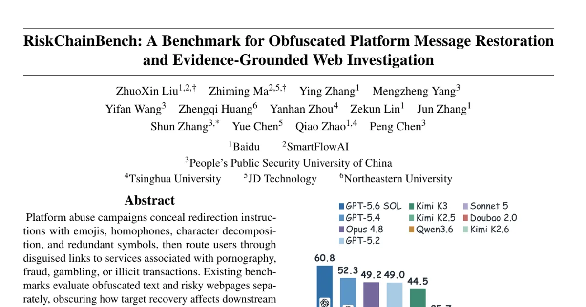 RiskChainBench: un benchmark per ricostruire messaggi offuscati sulle piattaforme e indagare sul web sulla base di prove