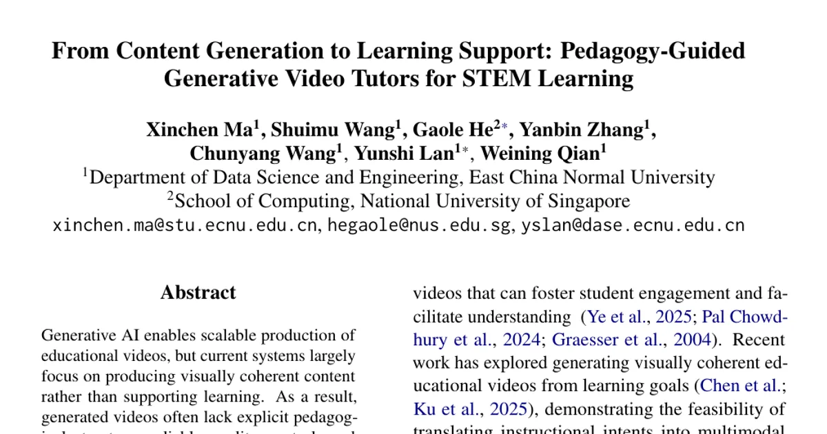 Dalla generazione di contenuti al supporto all’apprendimento: tutor video generativi guidati dalla pedagogia per l’apprendimento STEM