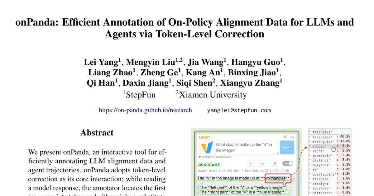 onPanda: Efficient Annotation of On-Policy Alignment Data for LLMs and Agents via Token-Level Correction