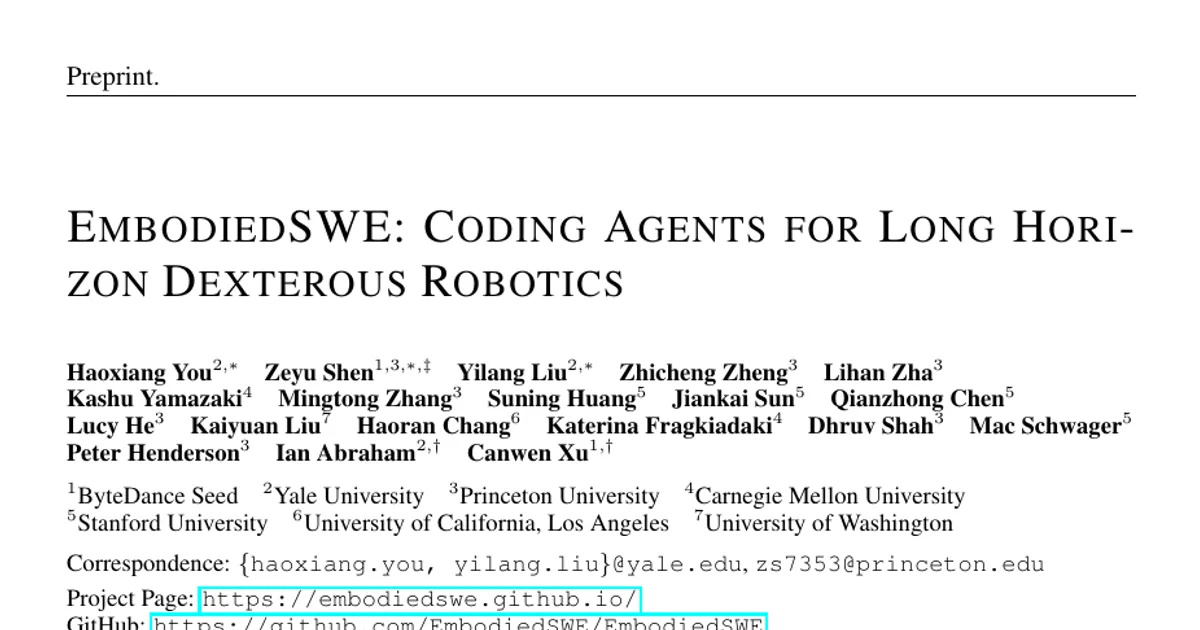 EmbodiedSWE: Coding Agents for Long Horizon Dexterous Robotics
