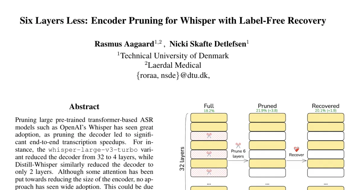 Sei livelli in meno: potatura dell’encoder per Whisper con recupero senza etichette