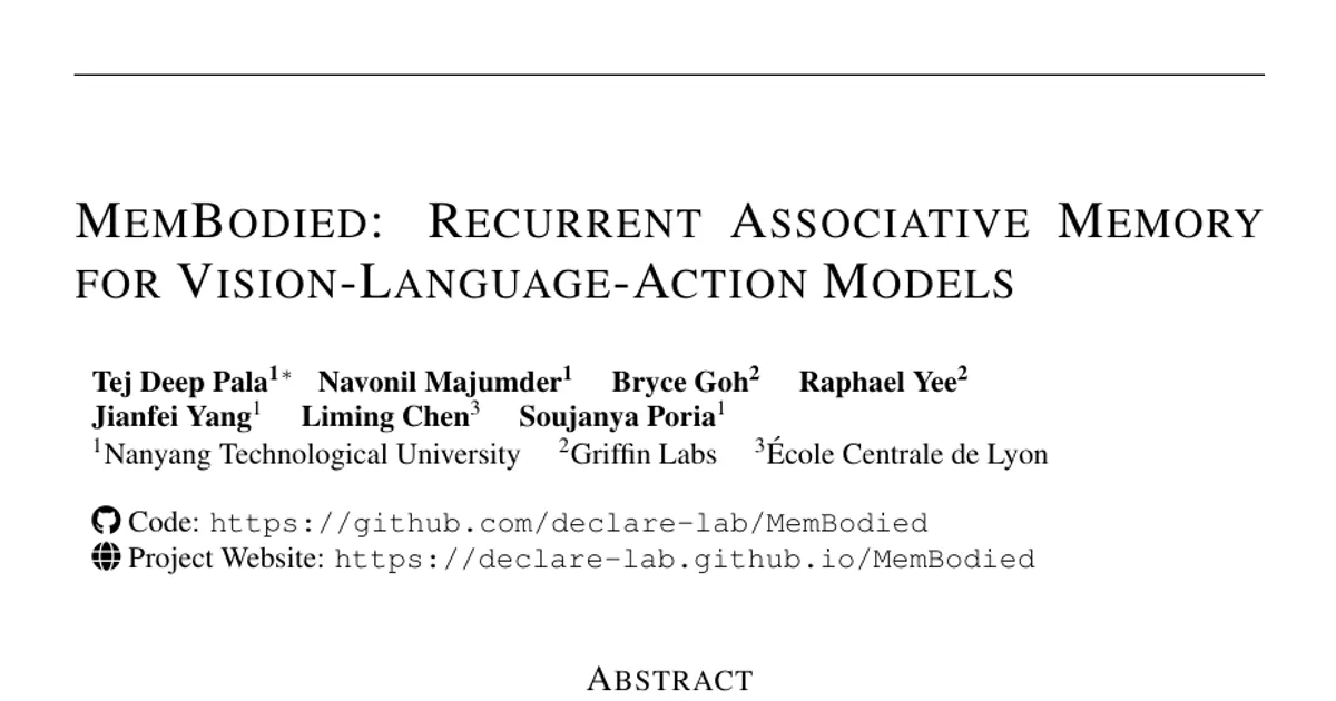 MemBodied: memoria associativa ricorrente per modelli visione-linguaggio-azione