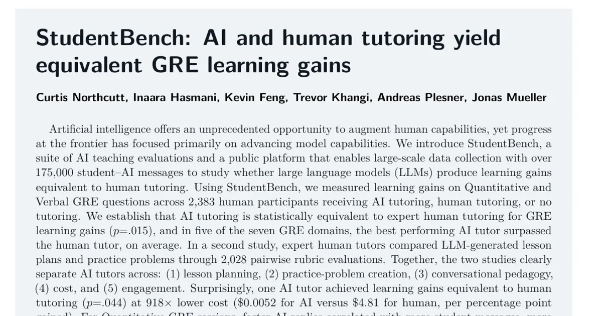 StudentBench: AI and human tutoring yield equivalent GRE learning gains