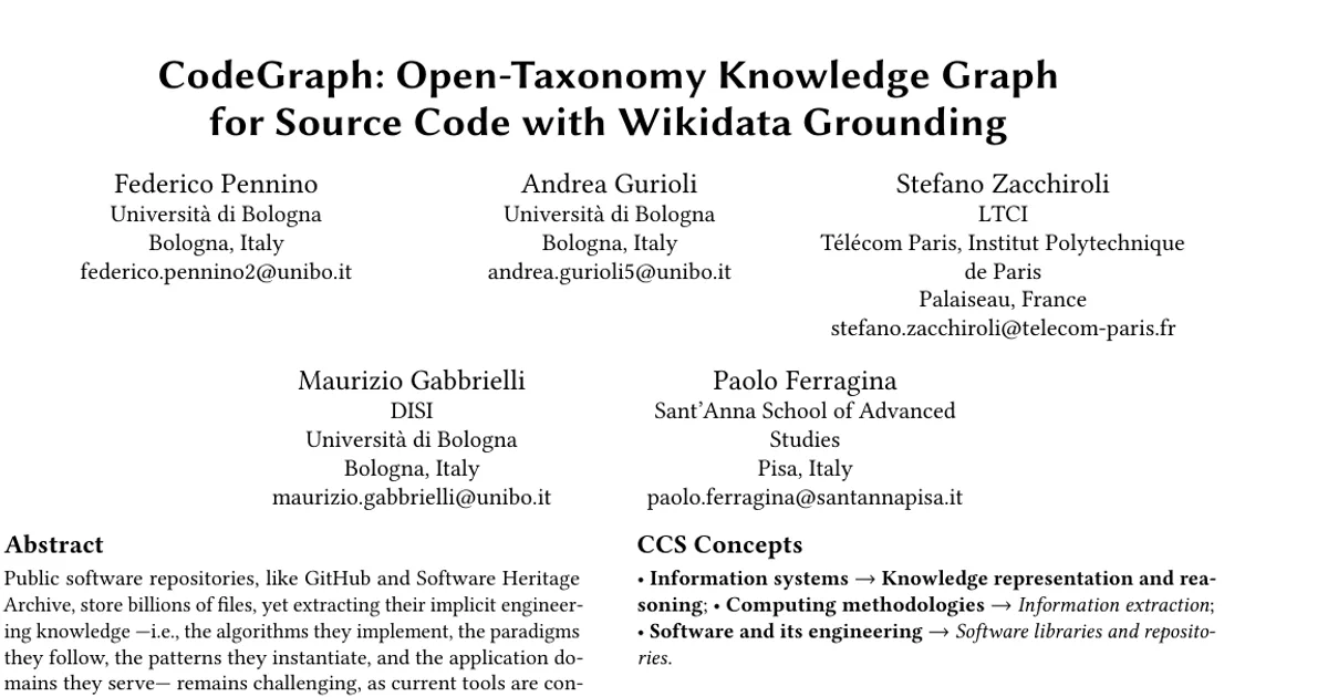CodeGraph: Open-Taxonomy Knowledge Graph for Source Code with Wikidata Grounding
