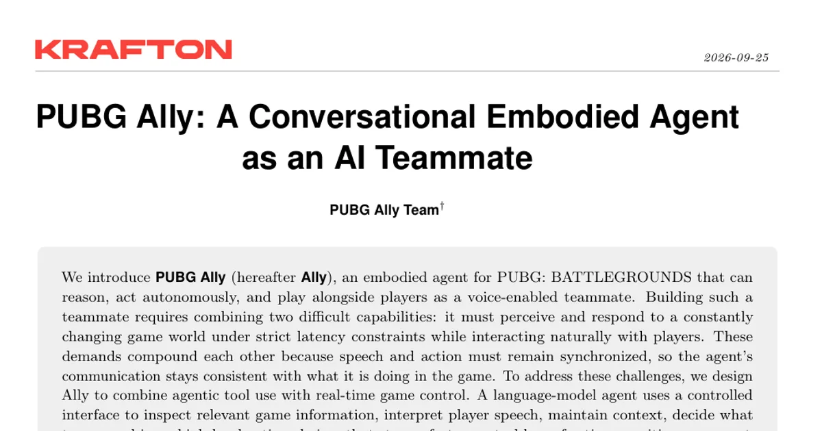 PUBG Ally: un agente conversazionale incarnato come compagno di squadra basato sull’IA