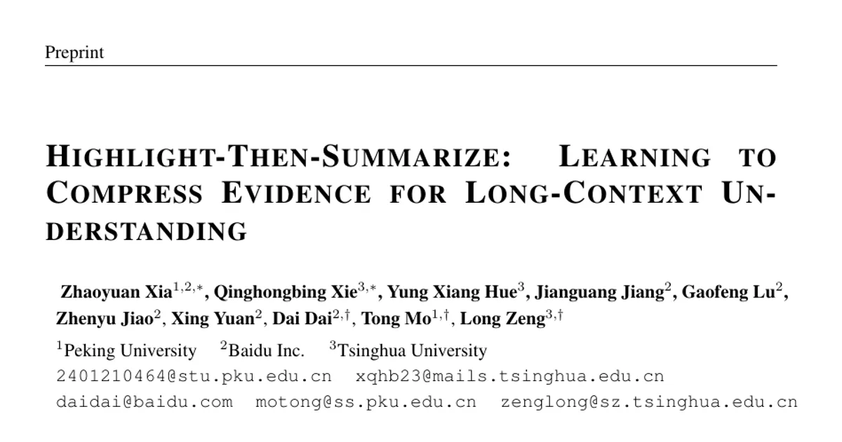 Highlight-Then-Summarize: Learning to Compress Evidence for Long-Context Understanding