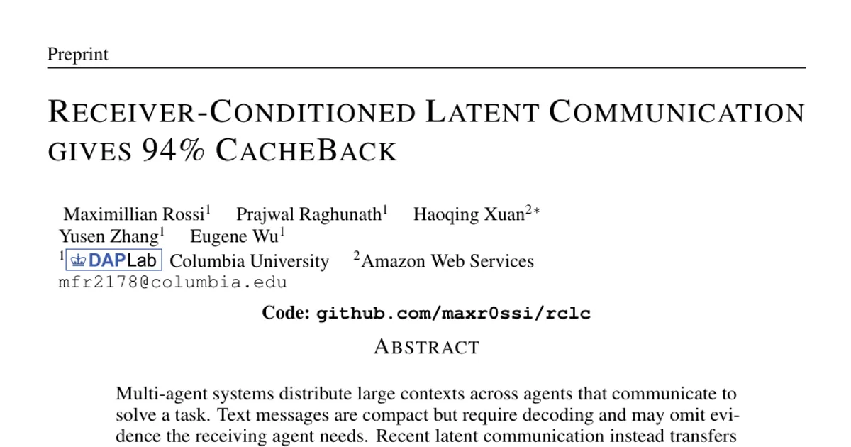 Receiver-Conditioned Latent Communication gives 94% CacheBack