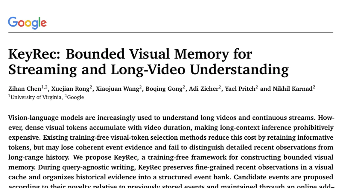 KeyRec: Bounded Visual Memory for Streaming and Long-Video Understanding