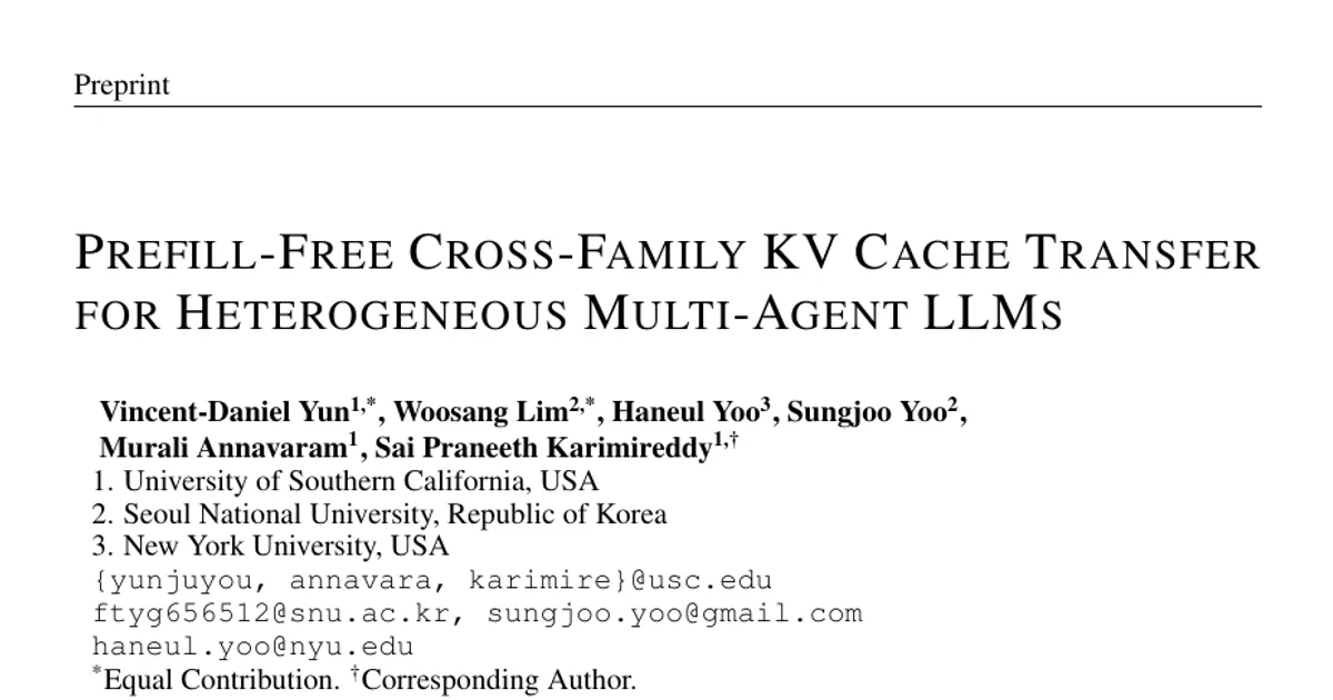 Prefill-Free Cross-Family KV Cache Transfer for Heterogeneous Multi-Agent LLMs