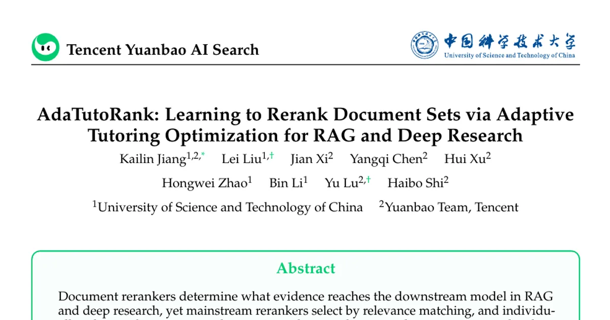 AdaTutoRank: Learning to Rerank Document Sets via Adaptive Tutoring Optimization for RAG and Deep Research