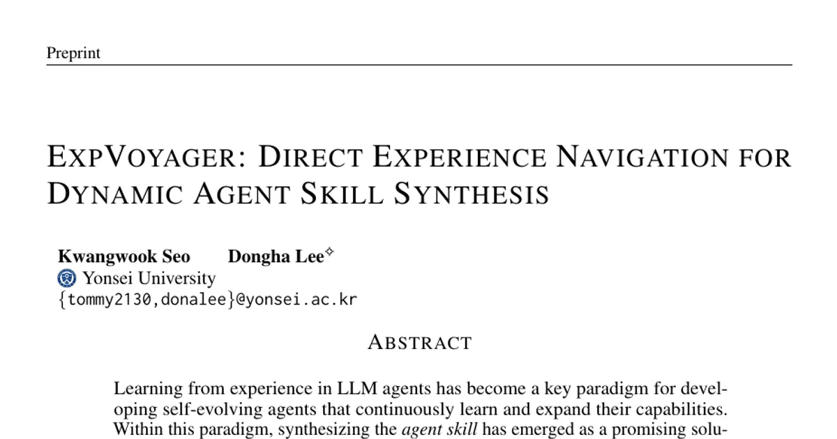 ExpVoyager: Direct Experience Navigation for Dynamic Agent Skill Synthesis