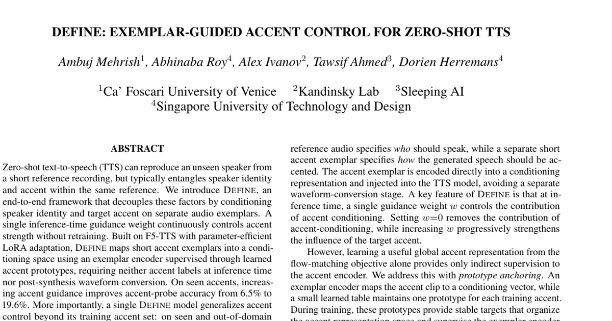 DEFINE: Exemplar-Guided Accent Control for Zero-Shot TTS