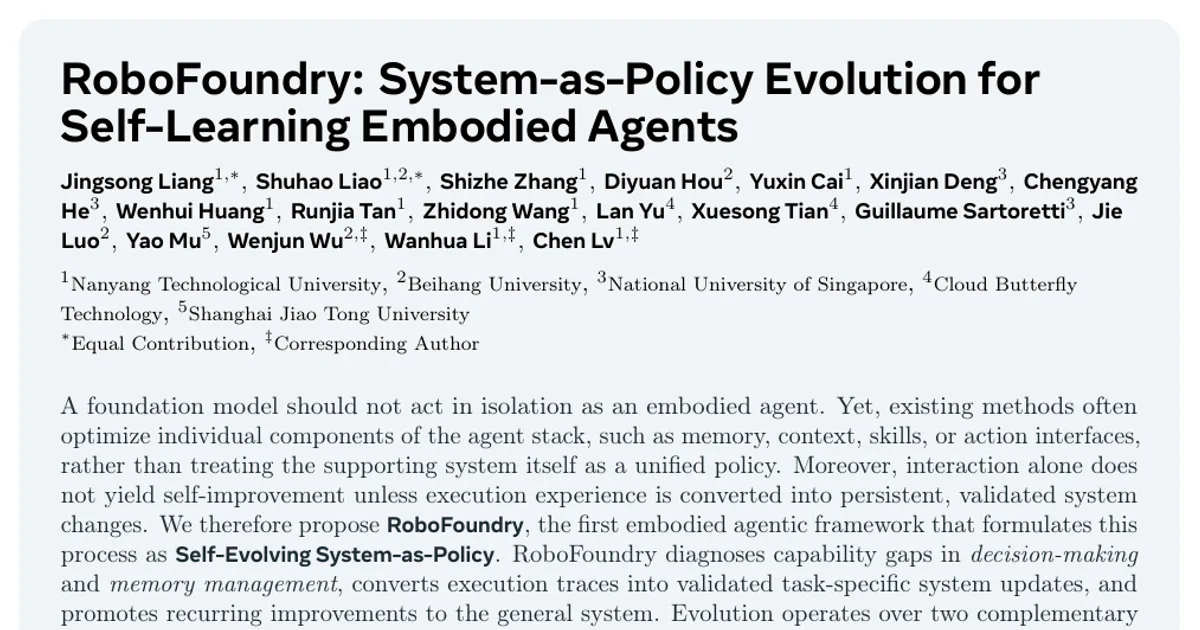 RoboFoundry: System-as-Policy Evolution for Self-Learning Embodied Agents
