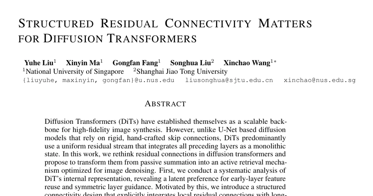 Structured Residual Connectivity Matters for Diffusion Transformers
