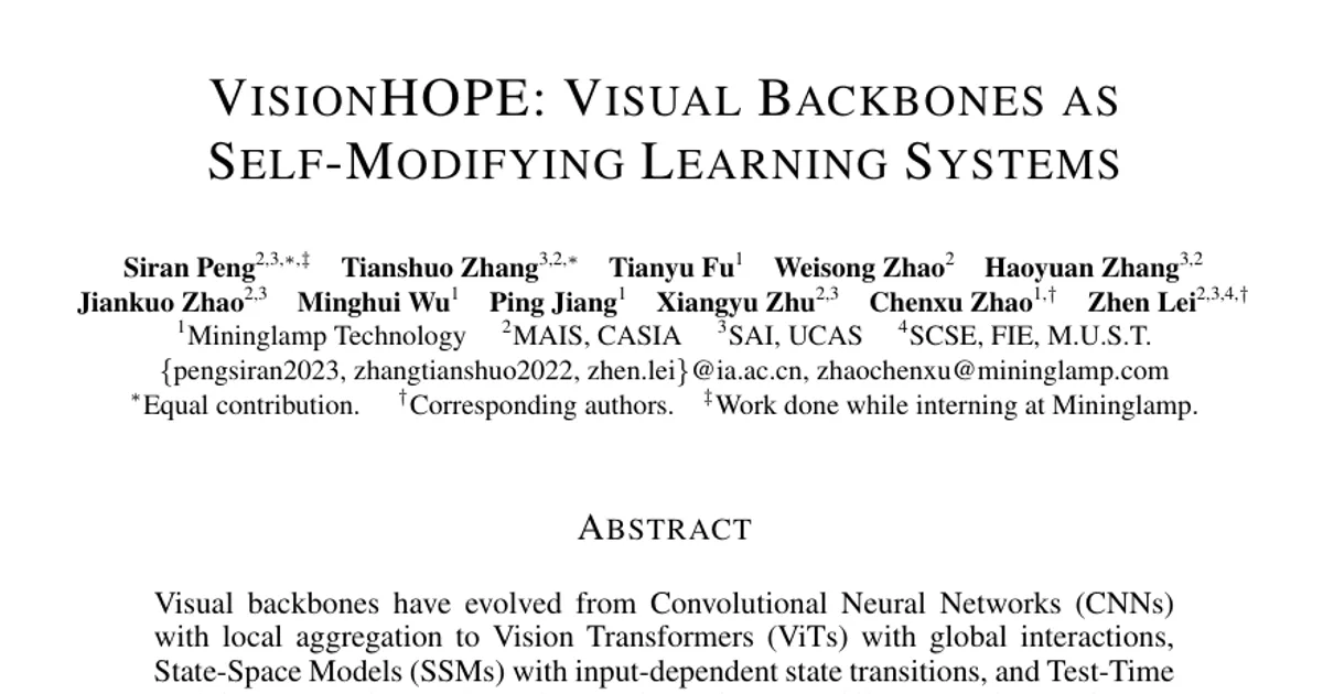 VisionHOPE: Visual Backbones as Self-Modifying Learning Systems