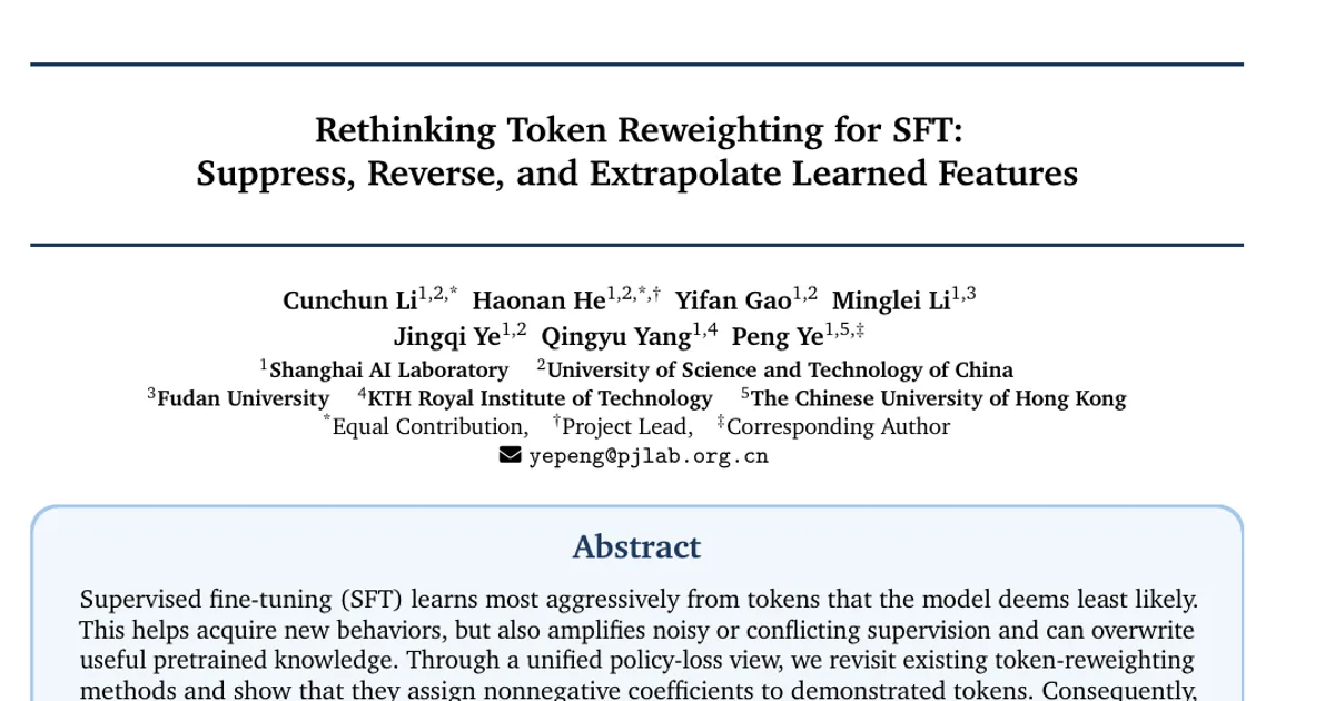 Rethinking Token Reweighting for SFT: Suppress, Reverse, and Extrapolate Learned Features