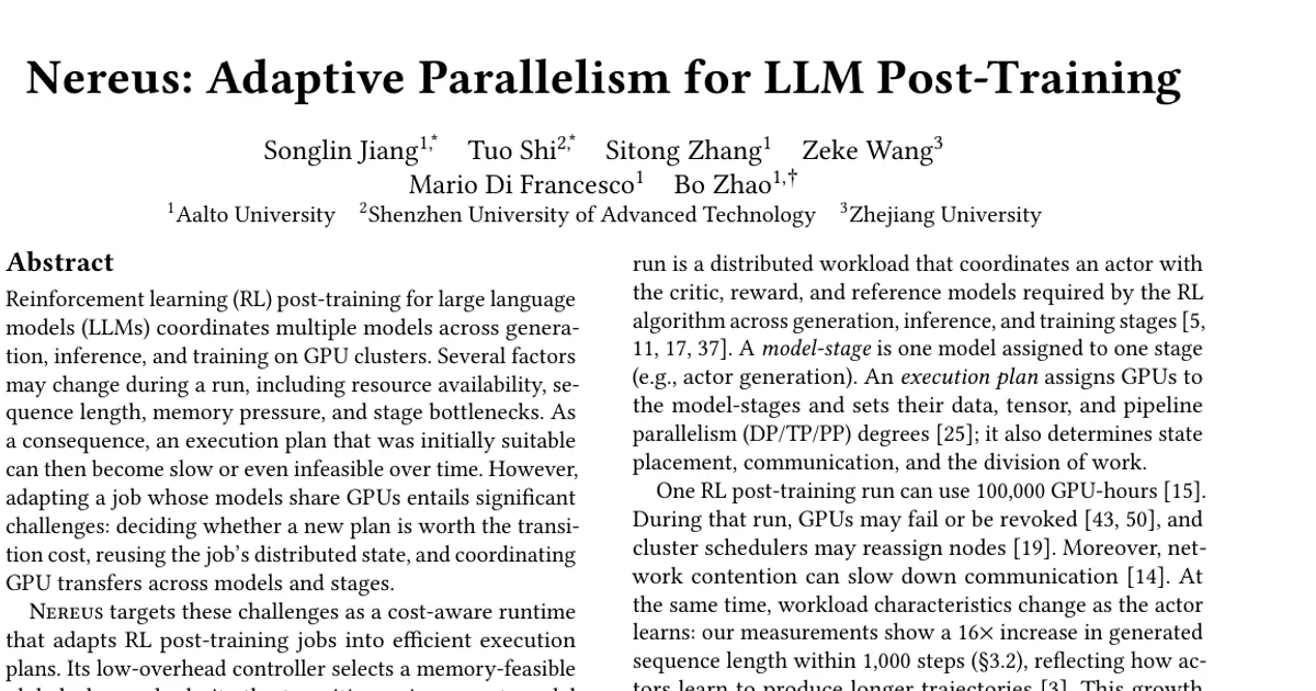 Nereus: Adaptive Parallelism for LLM Post-Training