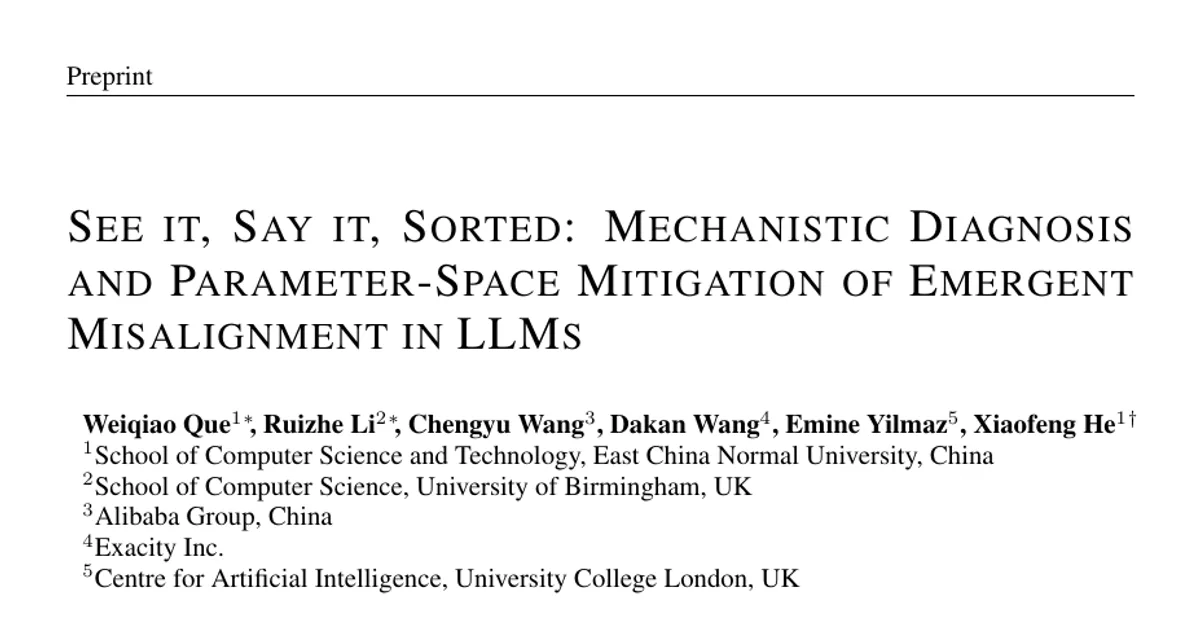 See it, Say it, Sorted: Mechanistic Diagnosis and Parameter-Space Mitigation of Emergent Misalignment in LLMs