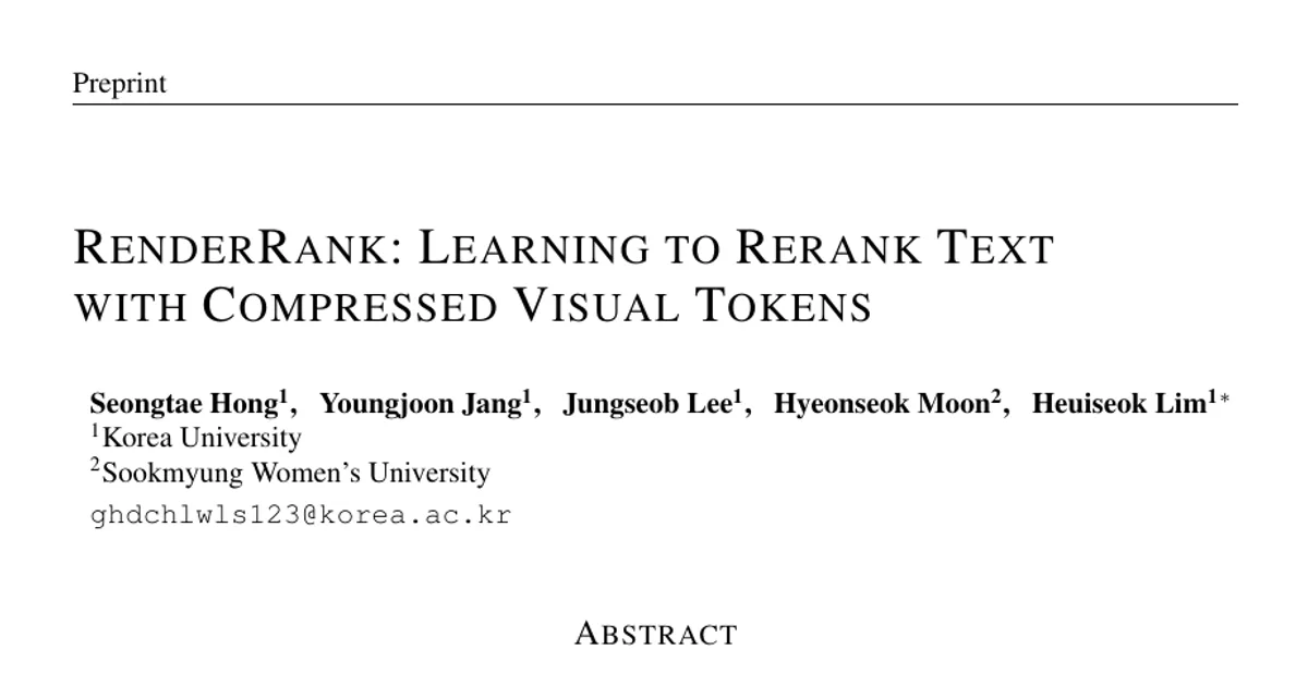 RenderRank: Learning to Rerank Text with Compressed Visual Tokens