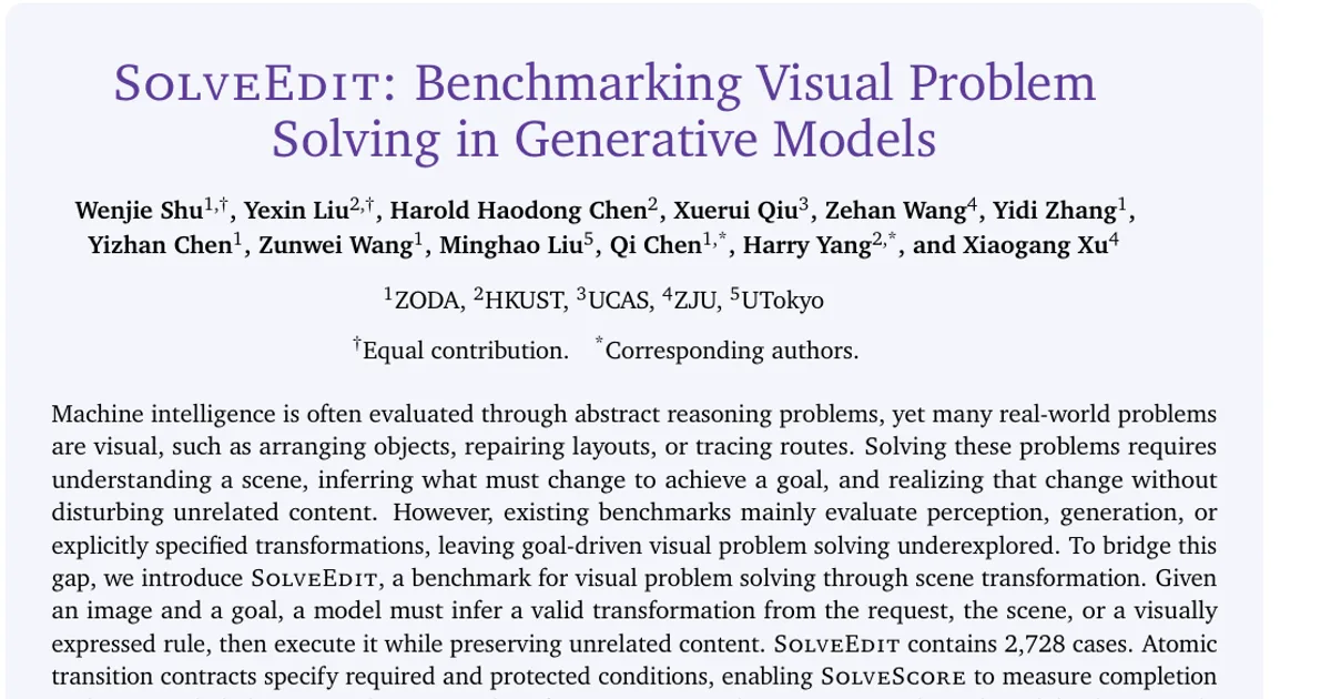SolveEdit: Benchmarking Visual Problem Solving in Generative Models