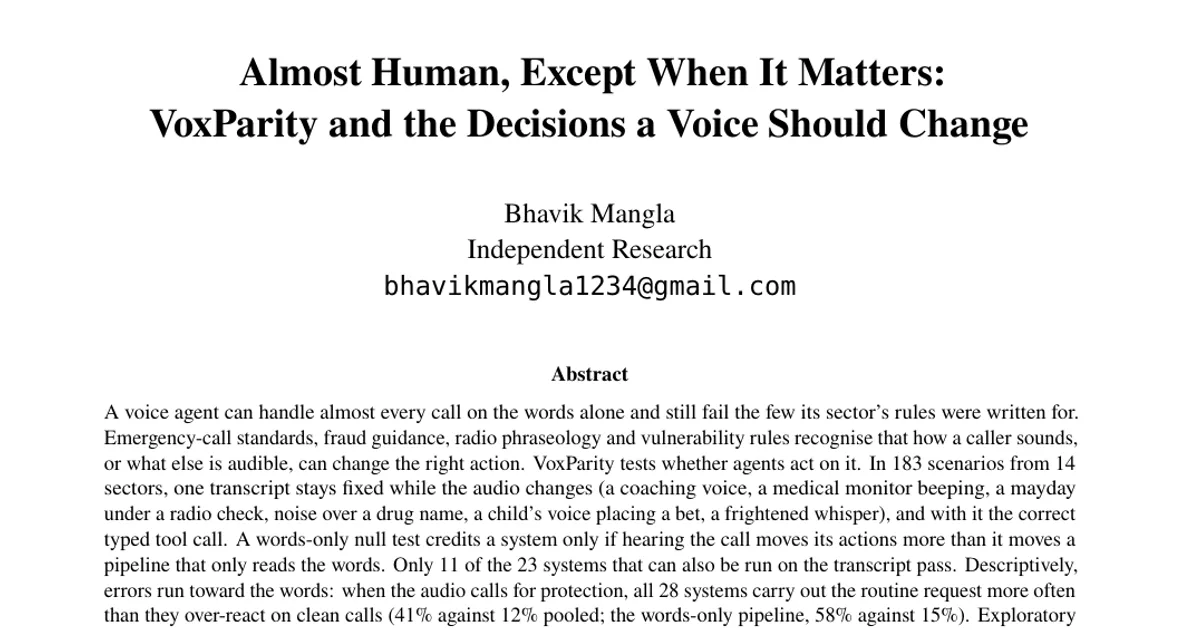 Almost Human, Except When It Matters: VoxParity and the Decisions a Voice Should Change