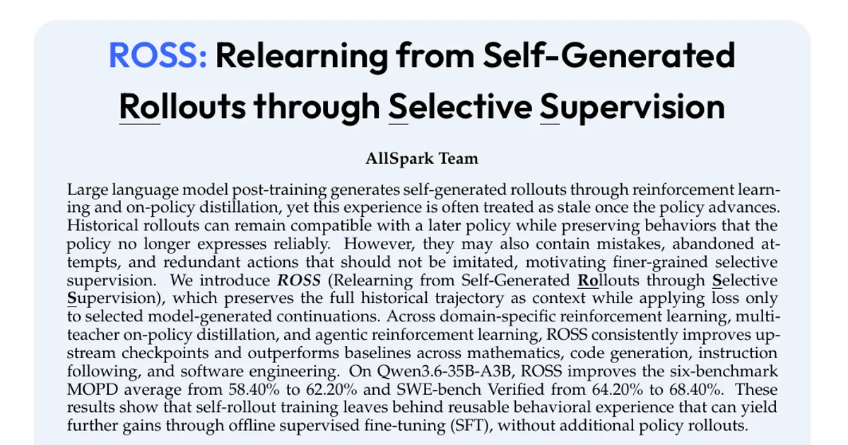 ROSS: Relearning from Self-Generated Rollouts through Selective Supervision