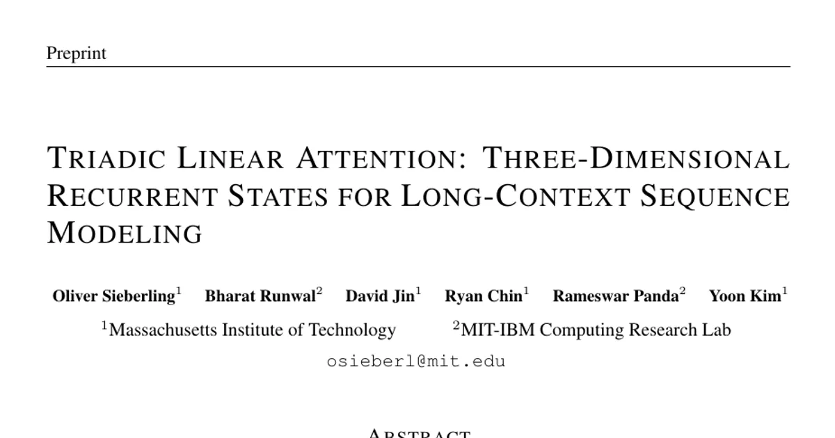 Triadic Linear Attention: Three-Dimensional Recurrent States for Long-Context Sequence Modeling