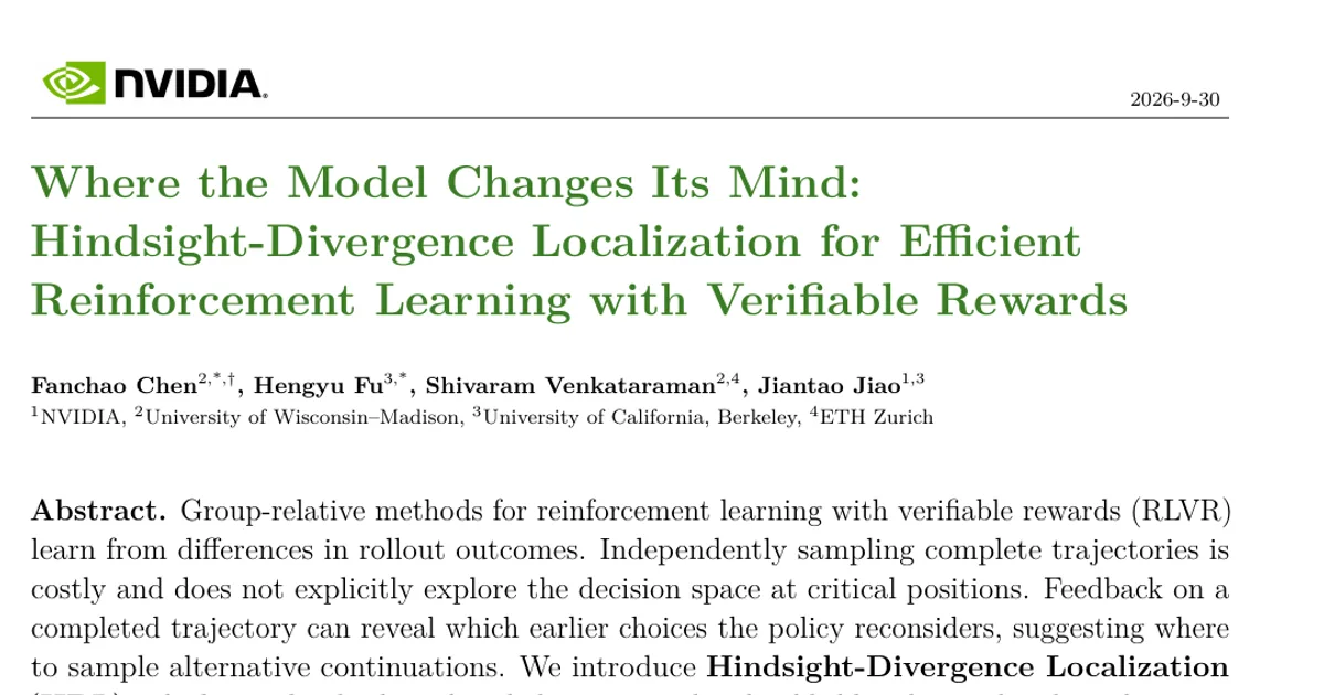 Where the Model Changes Its Mind: Hindsight-Divergence Localization for Efficient Reinforcement Learning with Verifiable Rewards