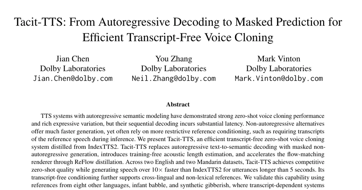 Tacit-TTS: From Autoregressive Decoding to Masked Prediction for Efficient Transcript-Free Voice Cloning