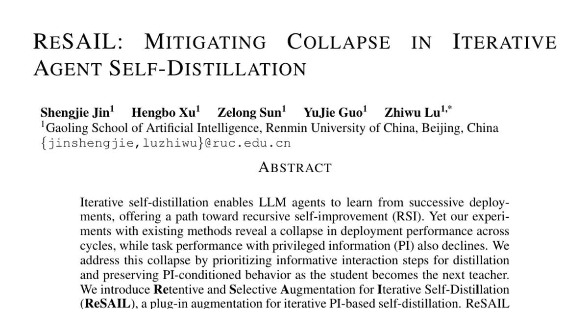 ReSAIL: Mitigating Collapse in Iterative Agent Self-Distillation