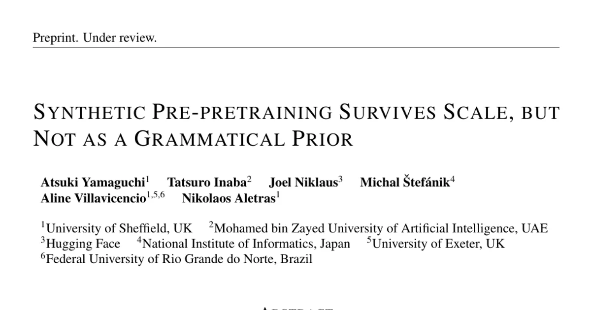 Synthetic Pre-pretraining Survives Scale, but Not as a Grammatical Prior