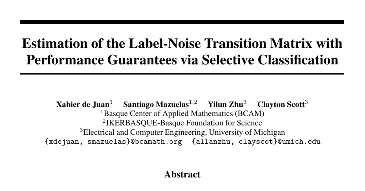 Estimation of the Label-Noise Transition Matrix with Performance Guarantees via Selective Classification