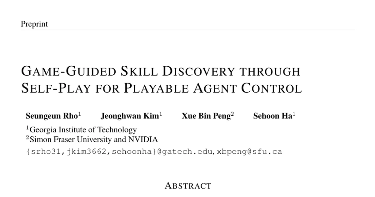 Game-Guided Skill Discovery through Self-Play for Playable Agent Control