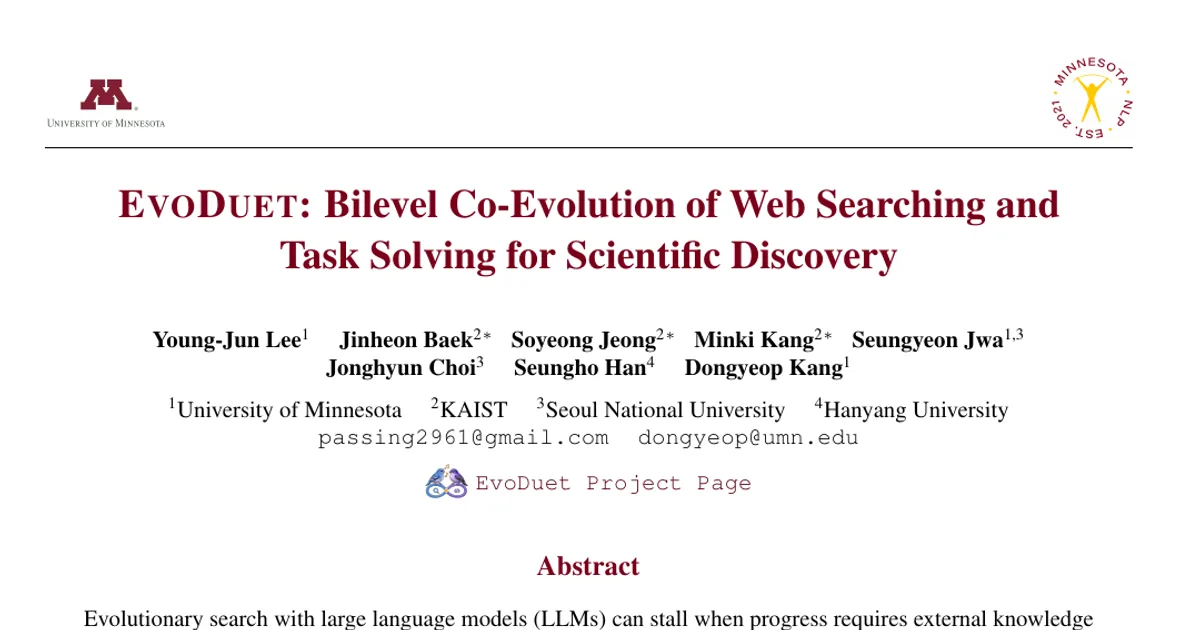 EvoDuet: Bilevel Co-Evolution of Web Searching and Task Solving for Scientific Discovery